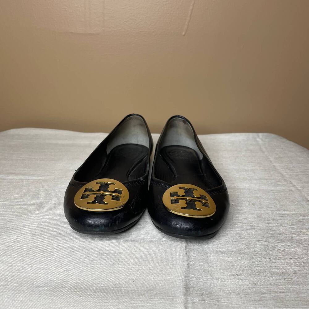 Tory Burch Reva Black Genuine Leather Gold Logo Emblem Ballet Flats Shoes 6.5M